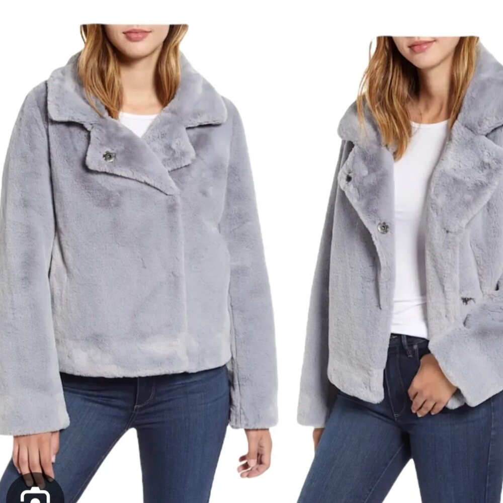 Sam Edelman Short Lush Faux Fur Jacket Dusty Blue Lined Snap Closure Size M